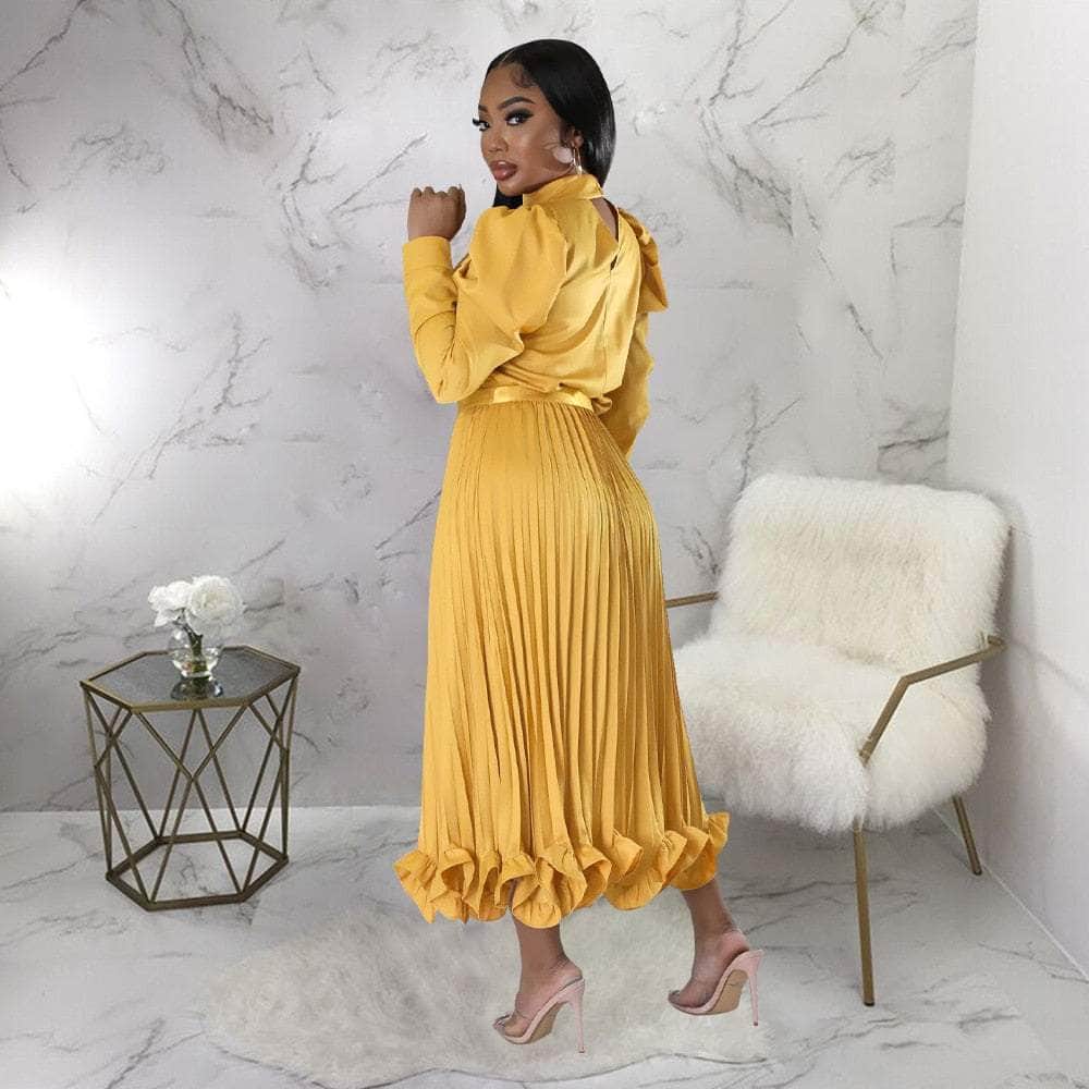 Cap Point Dinanga Elegant Slim Two Piece Solid Satin Puff Sleeve Top Ruffle Dress
