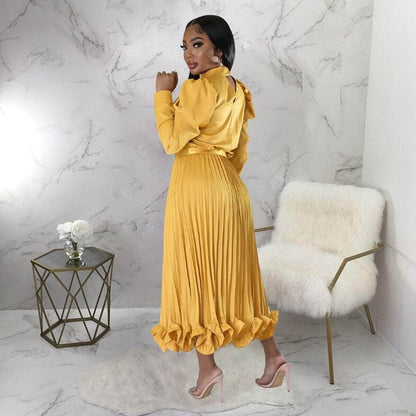 Cap Point Dinanga Elegant Slim Two Piece Solid Satin Puff Sleeve Top Ruffle Dress