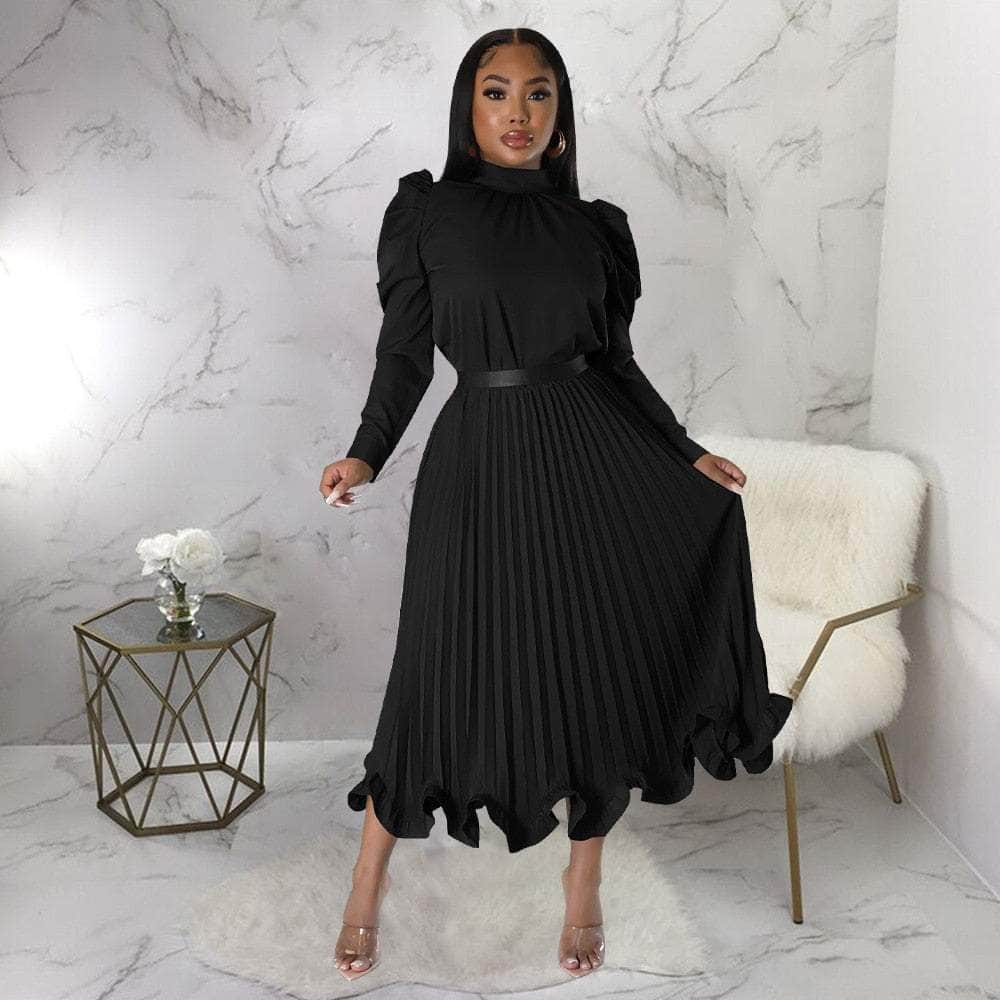 Cap Point Dinanga Elegant Slim Two Piece Solid Satin Puff Sleeve Top Ruffle Dress