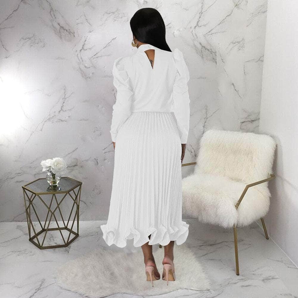 Cap Point Dinanga Elegant Slim Two Piece Solid Satin Puff Sleeve Top Ruffle Dress