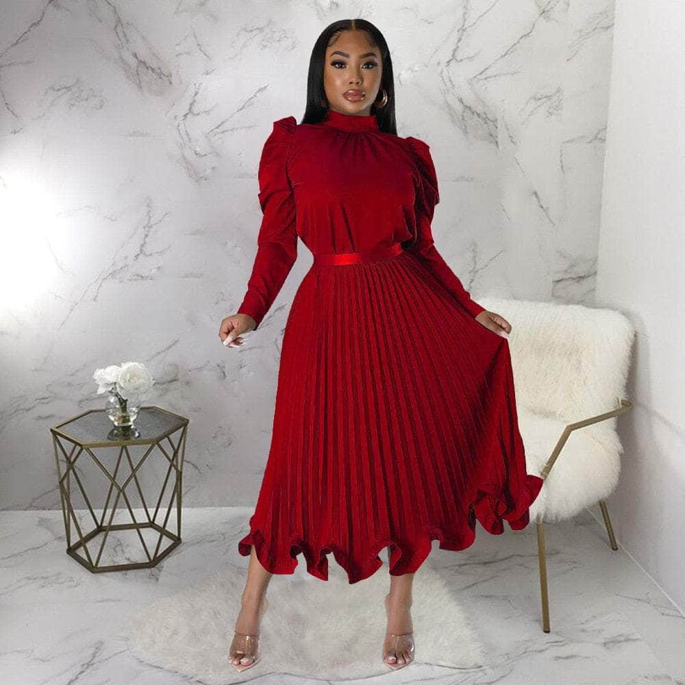 Cap Point Dinanga Elegant Slim Two Piece Solid Satin Puff Sleeve Top Ruffle Dress
