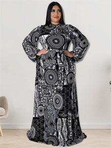 Cap Point Doris Plus Size Elegant Long Sleeve Printed  Maxi Dress