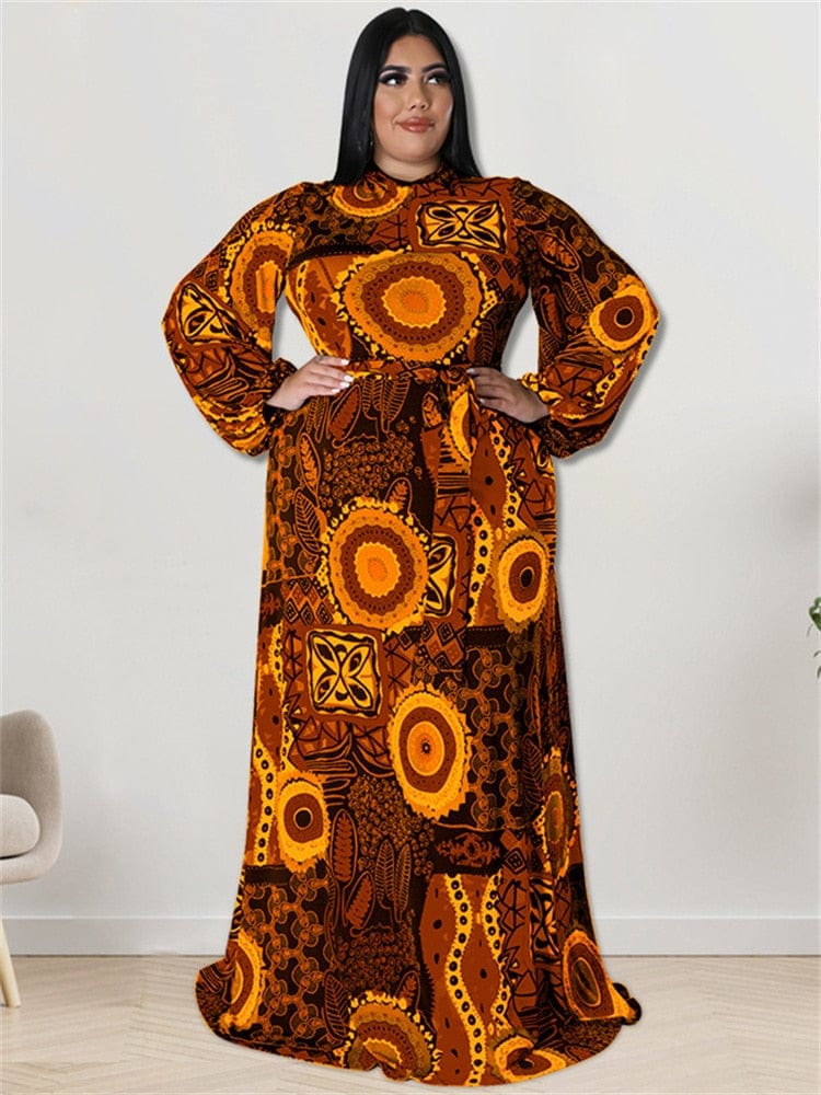Cap Point Doris Plus Size Elegant Long Sleeve Printed  Maxi Dress