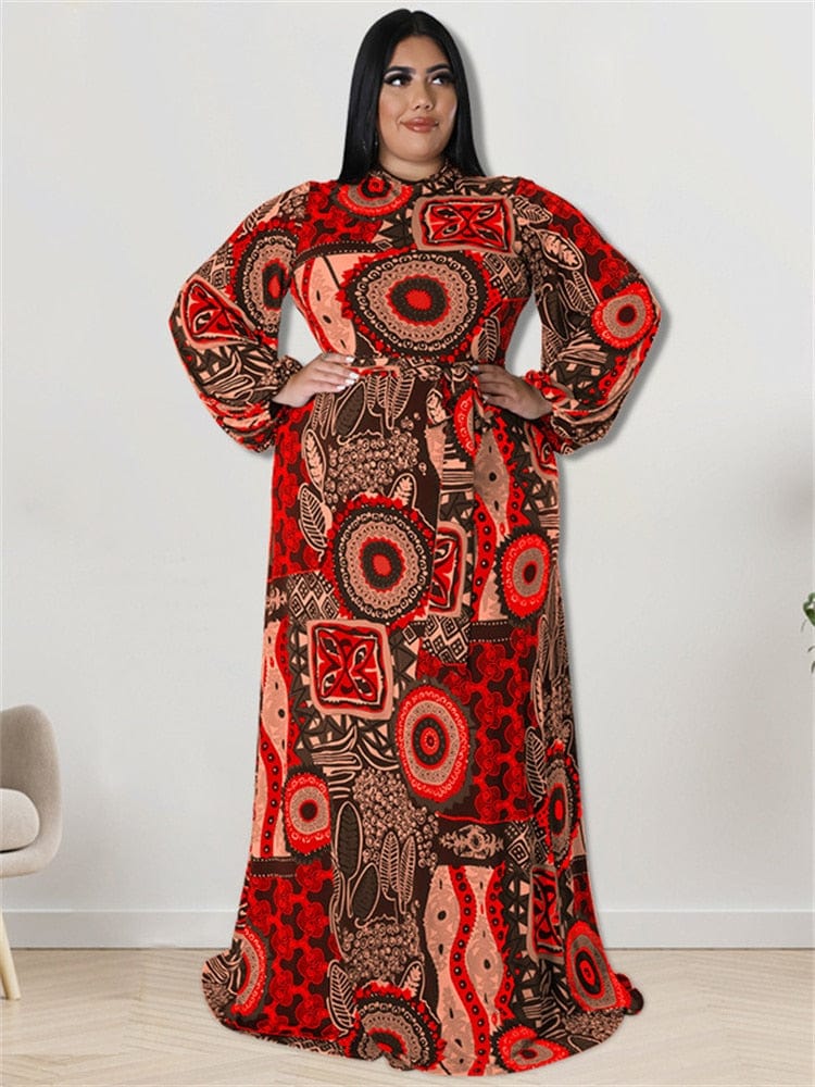 Cap Point Doris Plus Size Elegant Long Sleeve Printed  Maxi Dress