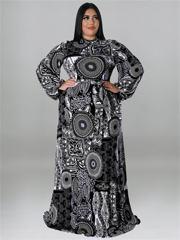 Cap Point Doris Plus Size Elegant Long Sleeve Printed  Maxi Dress