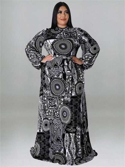 Cap Point Doris Plus Size Elegant Long Sleeve Printed  Maxi Dress