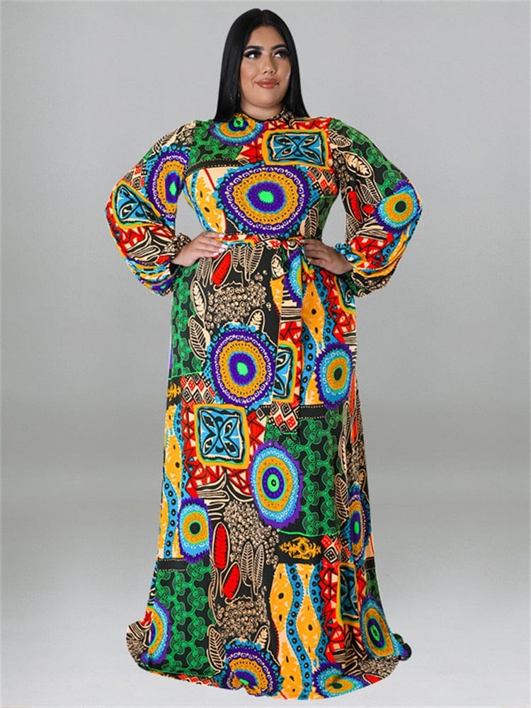 Cap Point Doris Plus Size Elegant Long Sleeve Printed  Maxi Dress