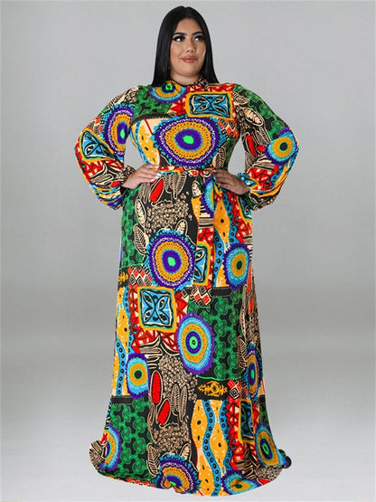 Cap Point Doris Plus Size Elegant Long Sleeve Printed  Maxi Dress