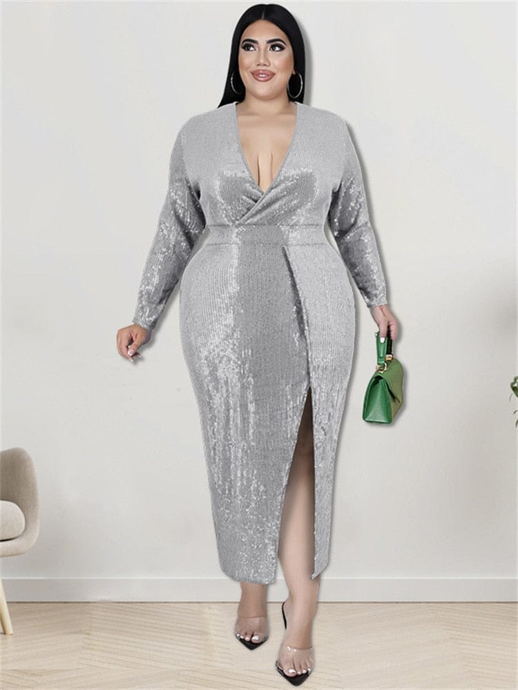 Cap Point Doris Plus Size Fall V Neck Bodycon Elegant Sexy Evening Maxi Dress