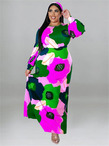 Cap Point Doris Plus Size Loose Long Sleeve Flower Print Big Hem Elegant Maxi Dress