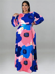 Cap Point Doris Plus Size Loose Long Sleeve Flower Print Big Hem Elegant Maxi Dress