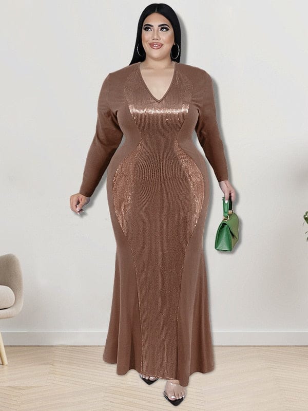Cap Point Doris Plus Size V Neck Sexy Long Sleeve Fashion Elegant Evening Luxurious Maxi Dress