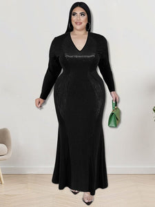 Cap Point Doris Plus Size V Neck Sexy Long Sleeve Fashion Elegant Evening Luxurious Maxi Dress