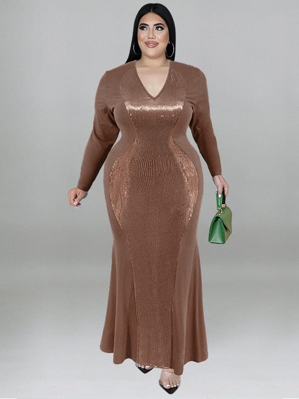 Cap Point Doris Plus Size V Neck Sexy Long Sleeve Fashion Elegant Evening Luxurious Maxi Dress