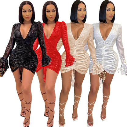 Cap Point Echoine Luxurious Sequin V-neck Black Mini Dress