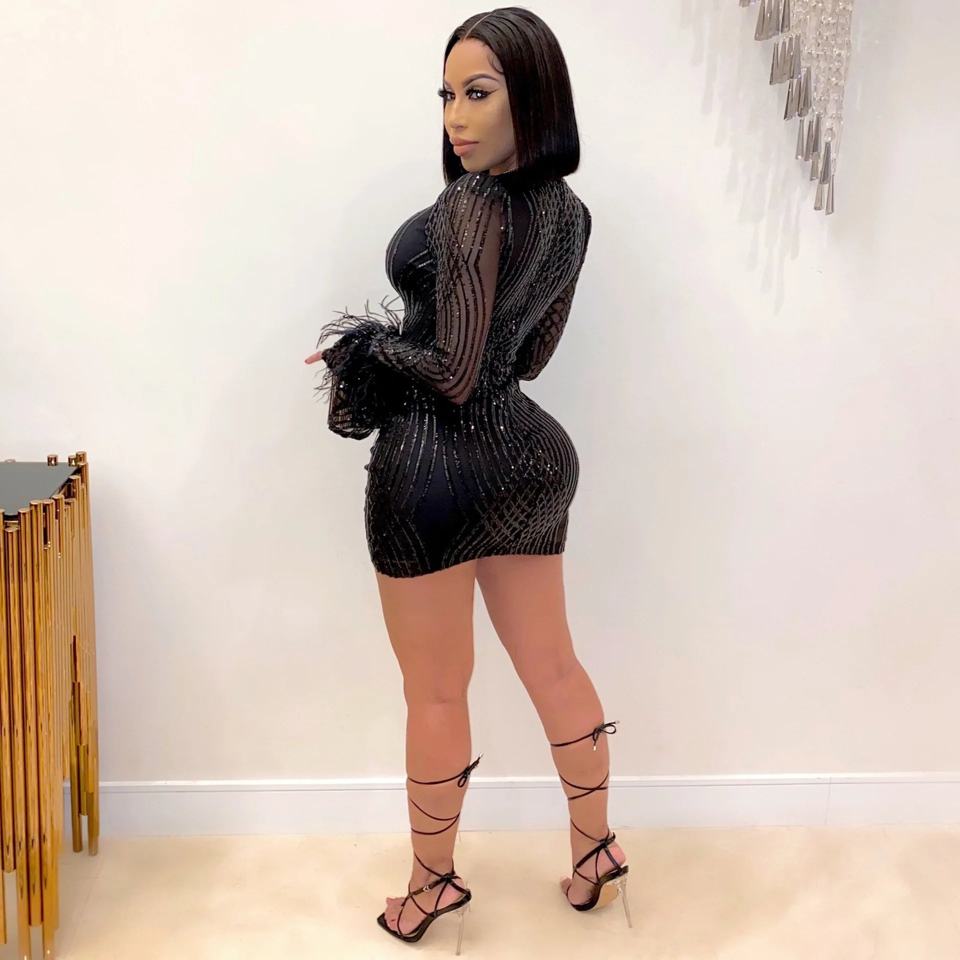 Cap Point Echoine Luxurious Sequin V-neck Black Mini Dress