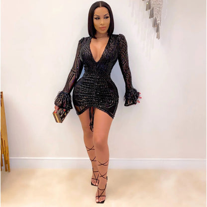Cap Point Echoine Luxurious Sequin V-neck Black Mini Dress