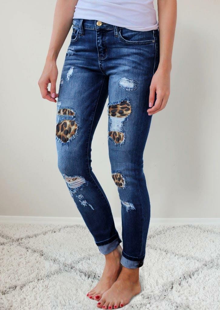 Cap Point Eileen Patchwork Ripped Denim Pencil Jean Pants