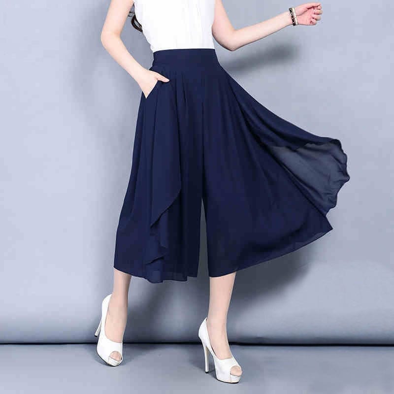 Cap Point Elegant Chiffon Capris High Waist Elastic Pants Skirt