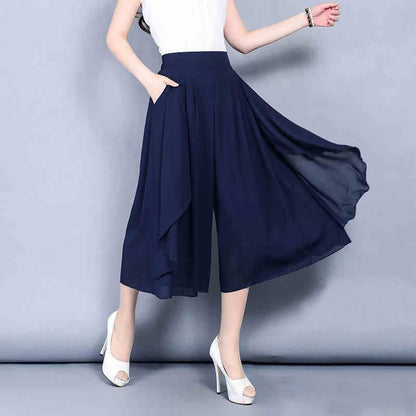 Cap Point Elegant Chiffon Capris High Waist Elastic Pants Skirt