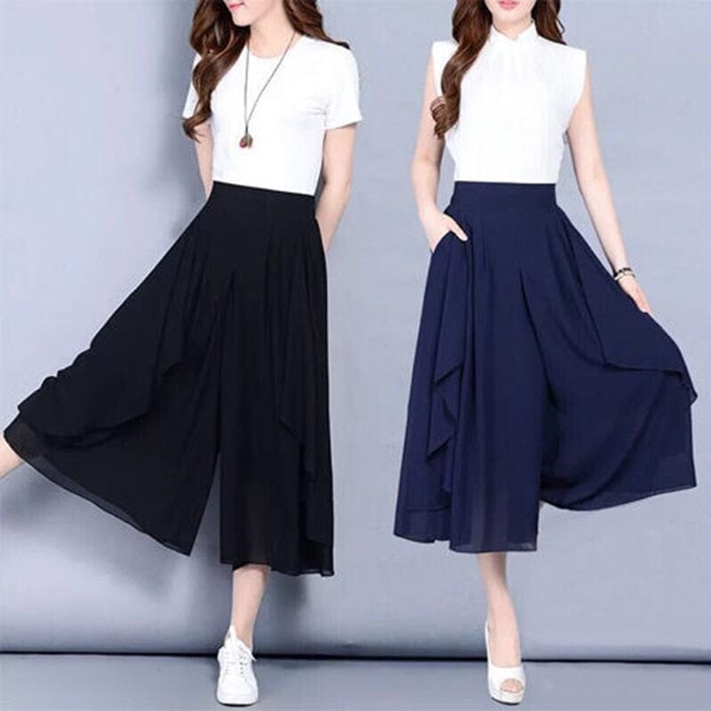 Cap Point Elegant Chiffon Capris High Waist Elastic Pants Skirt