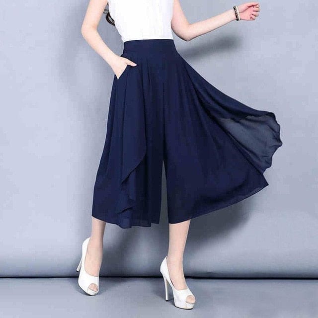 Cap Point Elegant Chiffon Capris High Waist Elastic Pants Skirt