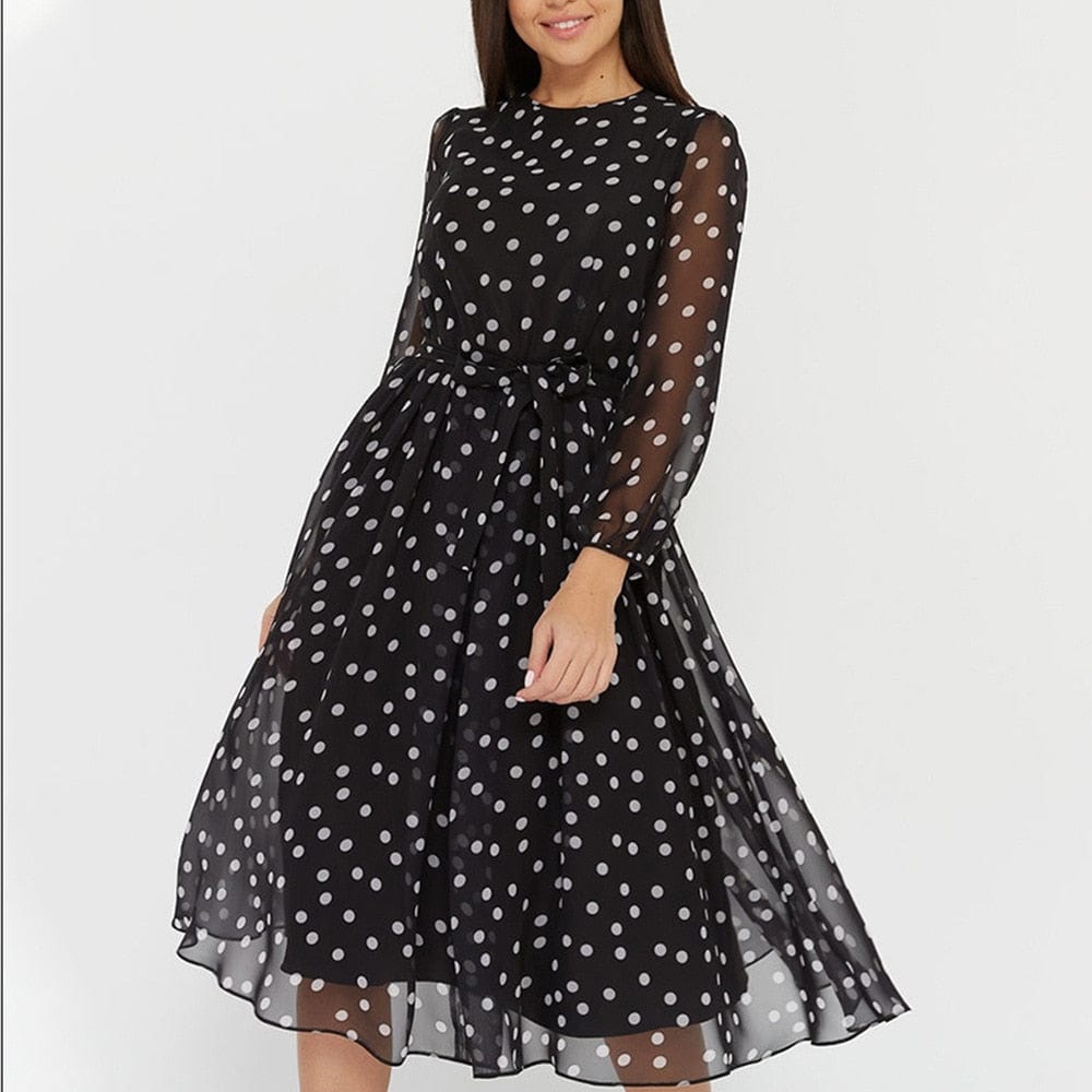 Cap Point Elegant Dot Print Long Sleeve A-line Dress Party Dress
