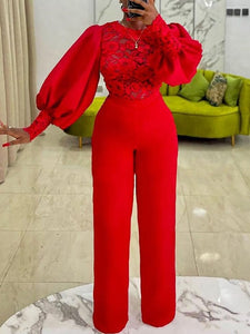 Cap Point Elegant Fashion Puffy Long Sleeve Lace Stitching See Through Wide Leg Jumpsuit
