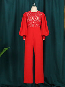 Cap Point Elegant Fashion Puffy Long Sleeve Lace Stitching See Through Wide Leg Jumpsuit