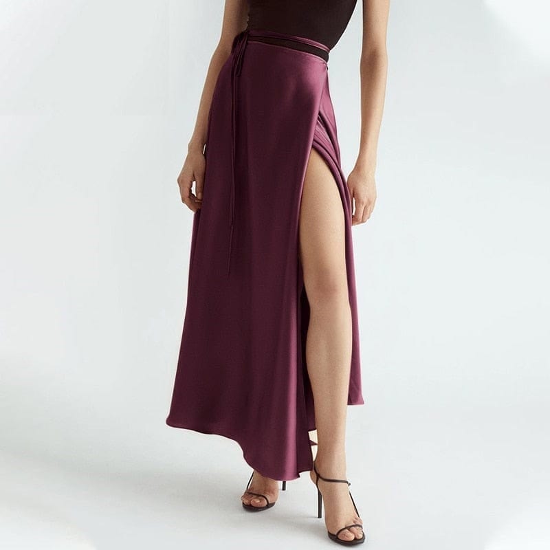 Cap Point Elegant high waist high slit satin maxi skirt