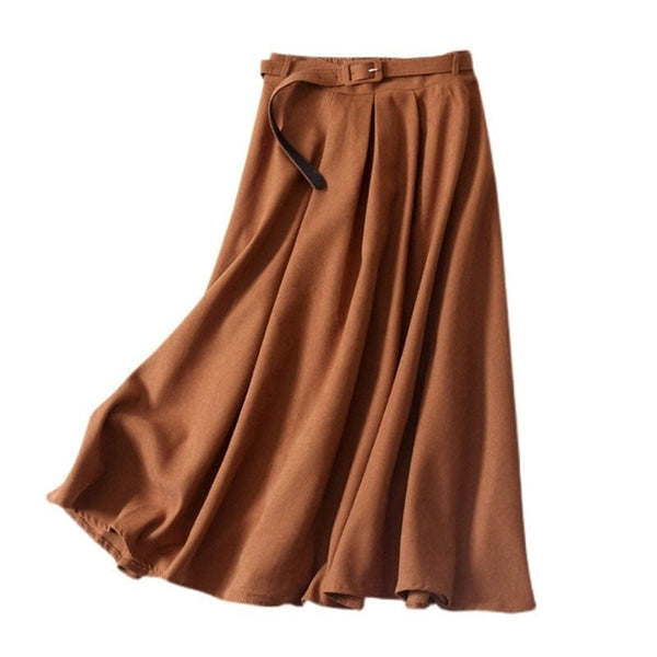 Cap Point Elegant High Waist Pleated Solid A-Line Long Skirt With Belt