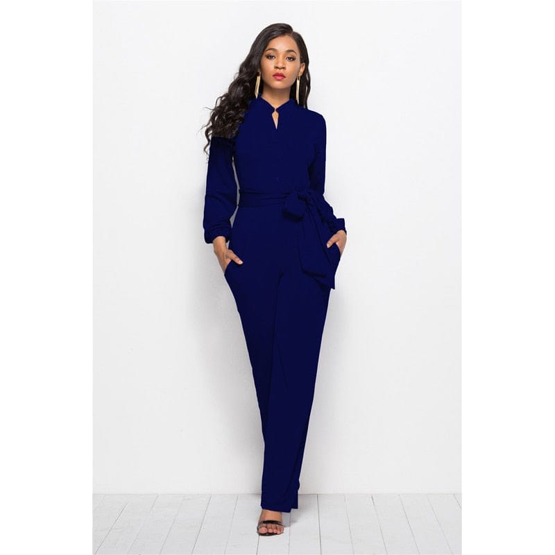 Cap Point Elegant Long Sleeve Waist Belt Wide-leg Jumpsuit With Pocket