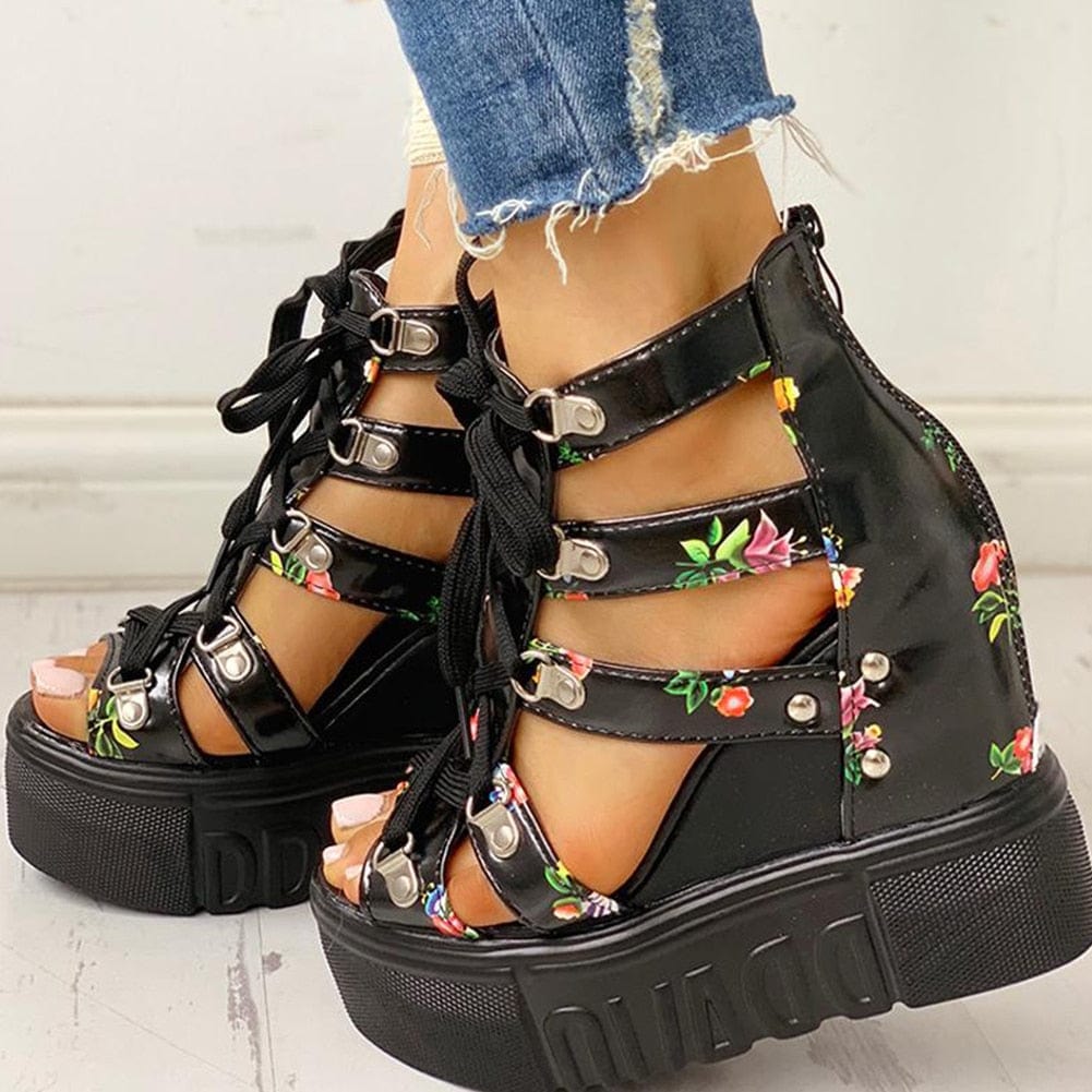 Cap Point Elegant Print Leisure Wedges Platform Shoelaces High Heels