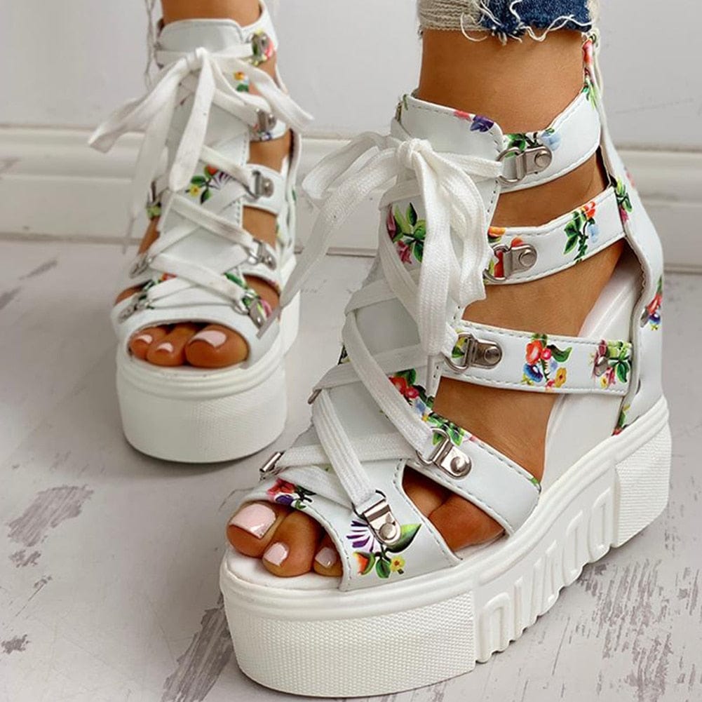 Cap Point Elegant Print Leisure Wedges Platform Shoelaces High Heels