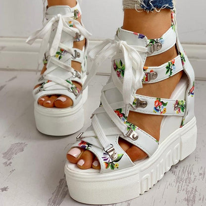 Cap Point Elegant Print Leisure Wedges Platform Shoelaces High Heels