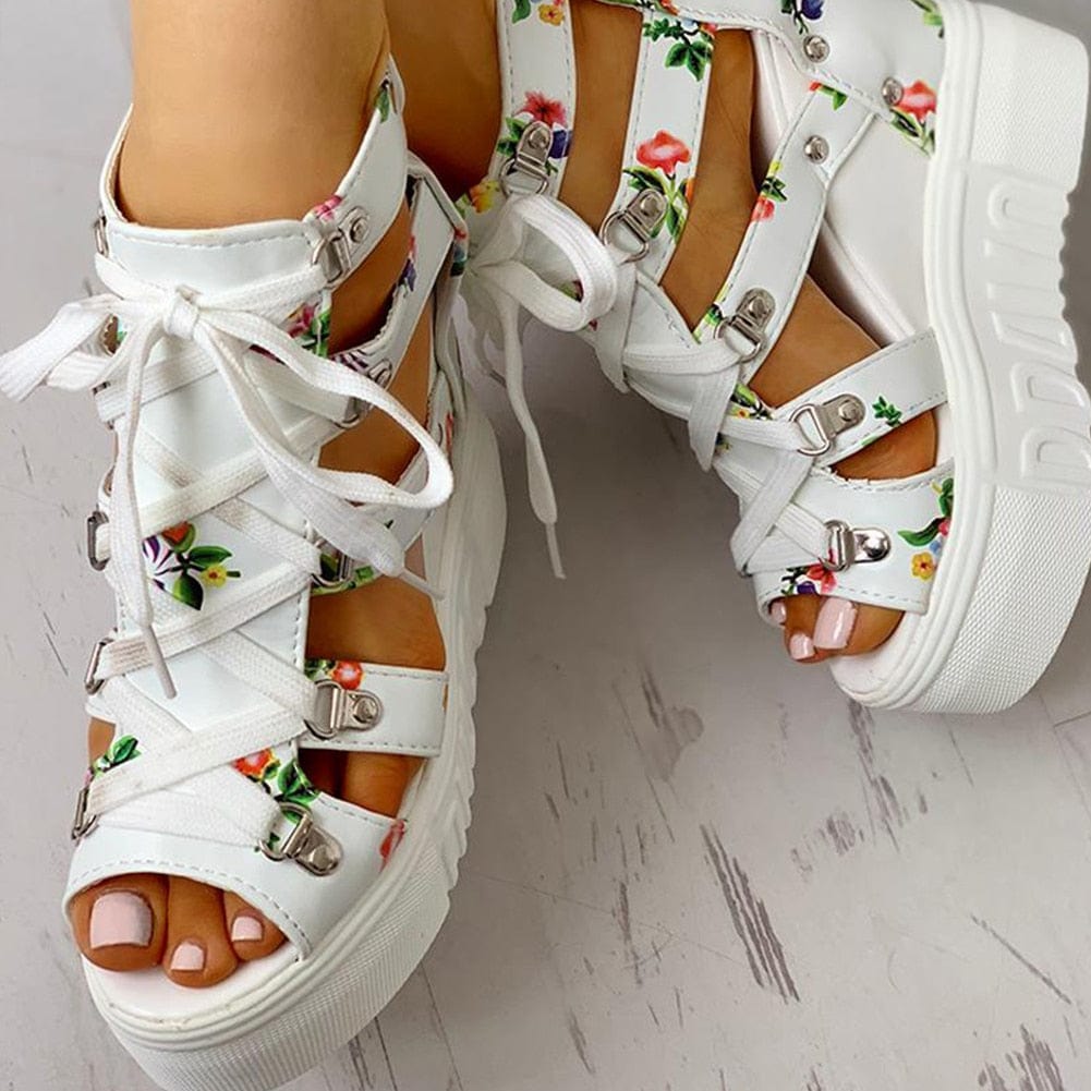 Cap Point Elegant Print Leisure Wedges Platform Shoelaces High Heels