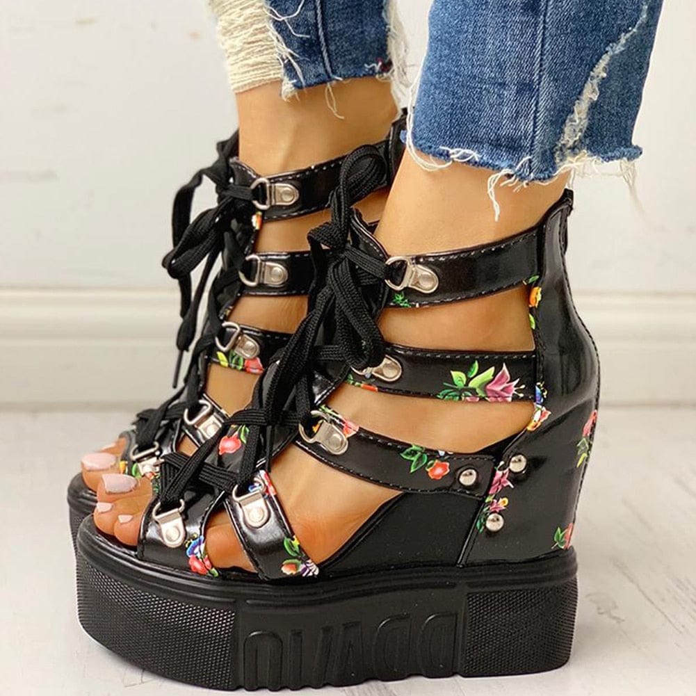 Cap Point Elegant Print Leisure Wedges Platform Shoelaces High Heels