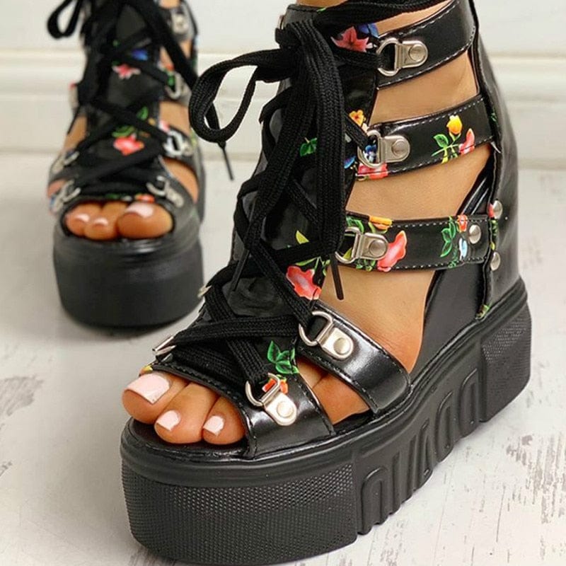 Cap Point Elegant Print Leisure Wedges Platform Shoelaces High Heels