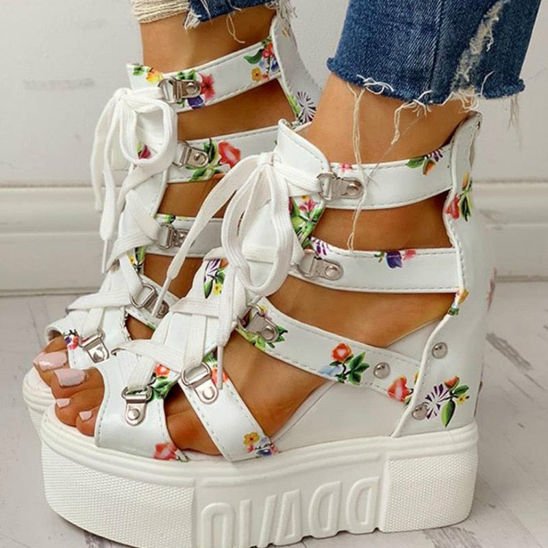 Cap Point Elegant Print Leisure Wedges Platform Shoelaces High Heels