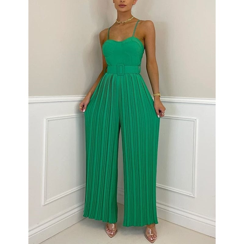 Cap Point Elegant Spaghetti Strap Solid Color Slim Fitting Belted Wide Leg  Jumpsuit