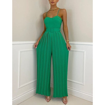 Cap Point Elegant Spaghetti Strap Solid Color Slim Fitting Belted Wide Leg  Jumpsuit
