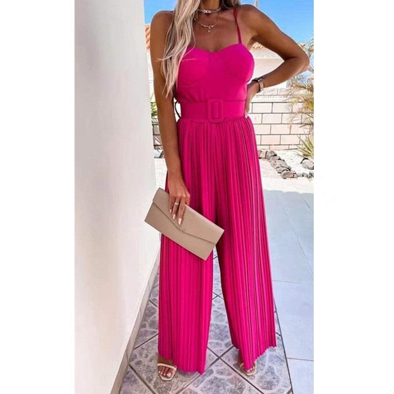 Cap Point Elegant Spaghetti Strap Solid Color Slim Fitting Belted Wide Leg  Jumpsuit