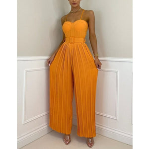 Cap Point Elegant Spaghetti Strap Solid Color Slim Fitting Belted Wide Leg  Jumpsuit
