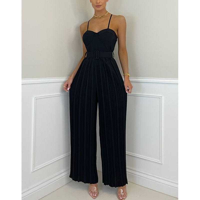 Cap Point Elegant Spaghetti Strap Solid Color Slim Fitting Belted Wide Leg  Jumpsuit