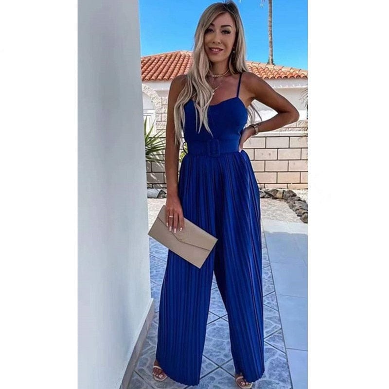 Cap Point Elegant Spaghetti Strap Solid Color Slim Fitting Belted Wide Leg  Jumpsuit