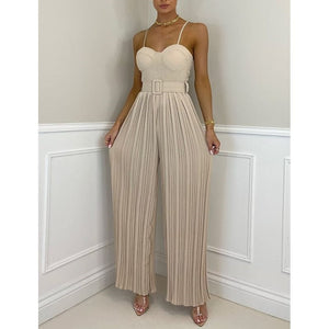 Cap Point Elegant Spaghetti Strap Solid Color Slim Fitting Belted Wide Leg  Jumpsuit