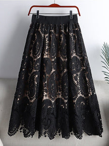 Cap Point Elegant Vintage Midi Hollow Out Lace Skirt