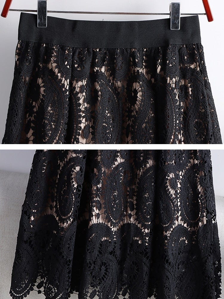 Cap Point Elegant Vintage Midi Hollow Out Lace Skirt