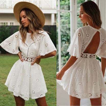 Cap Point Elegant White Floral Embroidery Cotton Dress