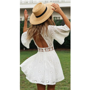 Cap Point Elegant White Floral Embroidery Cotton Dress